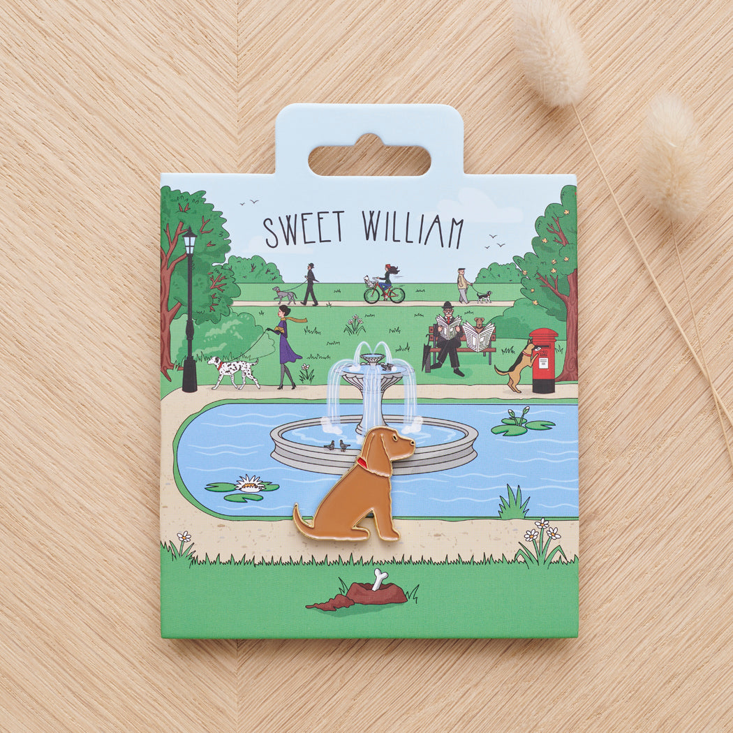 Golden Cocker Spaniel enamel dog pin on Sweet William Designs park scene backing card — thoughtful gift for Golden Cocker Spaniel lovers