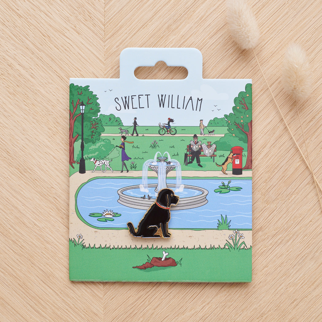 Black Cockapoo / Labradoodle enamel dog pin on Sweet William Designs park scene backing card — thoughtful gift for Black Cockapoo / Labradoodle lovers