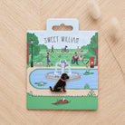 Black Cockapoo / Labradoodle enamel dog pin on Sweet William Designs park scene backing card — thoughtful gift for Black Cockapoo / Labradoodle lovers