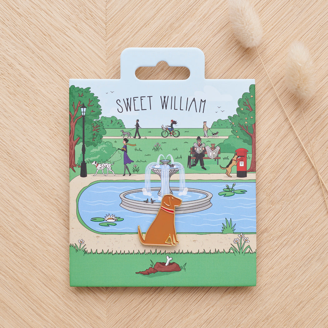Fox Red Labrador enamel dog pin on Sweet William Designs park scene backing card — thoughtful gift for Fox Red Labrador lovers