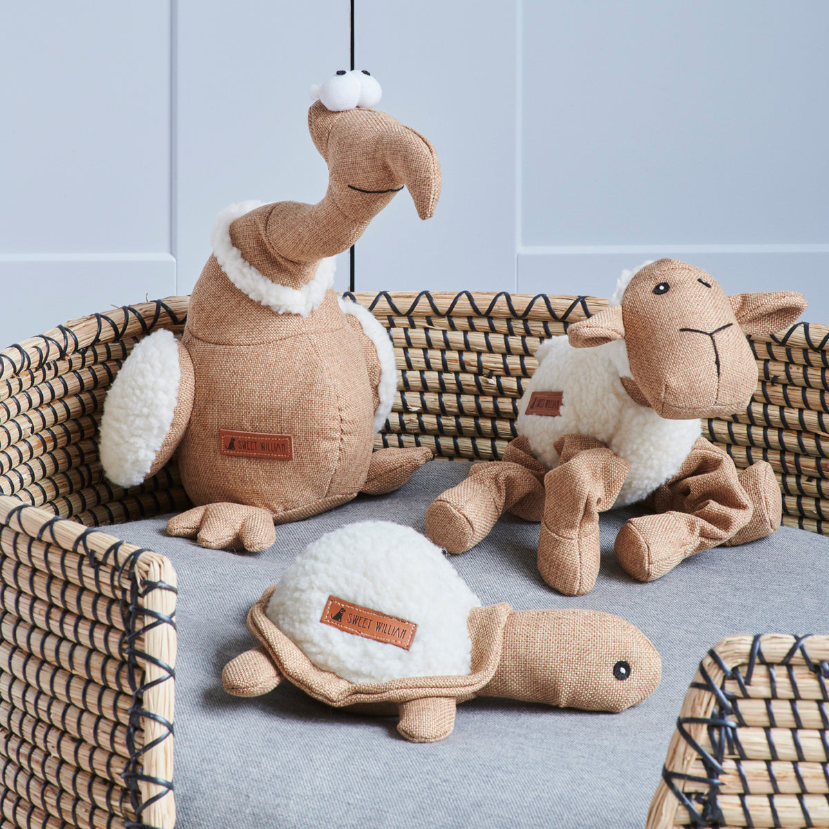 Sweet William Designs collection of characterful dog toys featuring Horatio the Turtle, Woolliam the Lamb and Tarquin the Dodo — playful, charming gifts for dogs