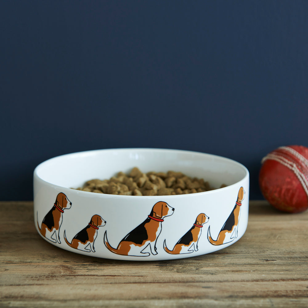 Beagle dog bowl filled with food — ceramic bowl with repeat Beagle illustration, dog lover gift by Sweet William Designs
