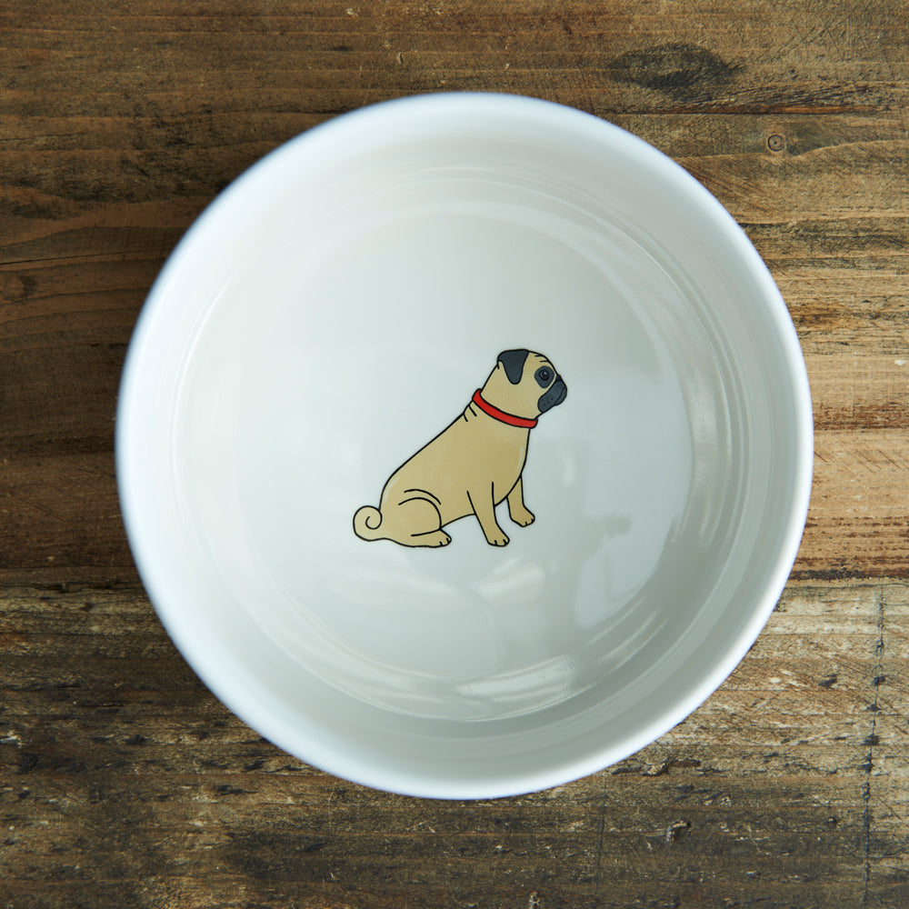 Inside view of Pug dog bowl — ceramic bowl with Pug illustration on the inside, dishwasher and microwave safe