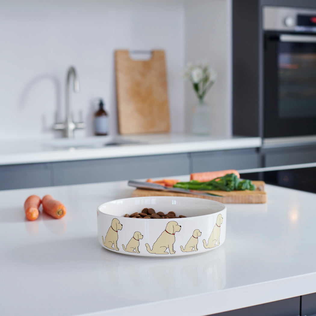 Apricot Cockapoo ceramic dog bowl in kitchen setting — illustrated Cockapoo / Labradoodle design, dishwasher safe dog lover gift by Sweet William Designs