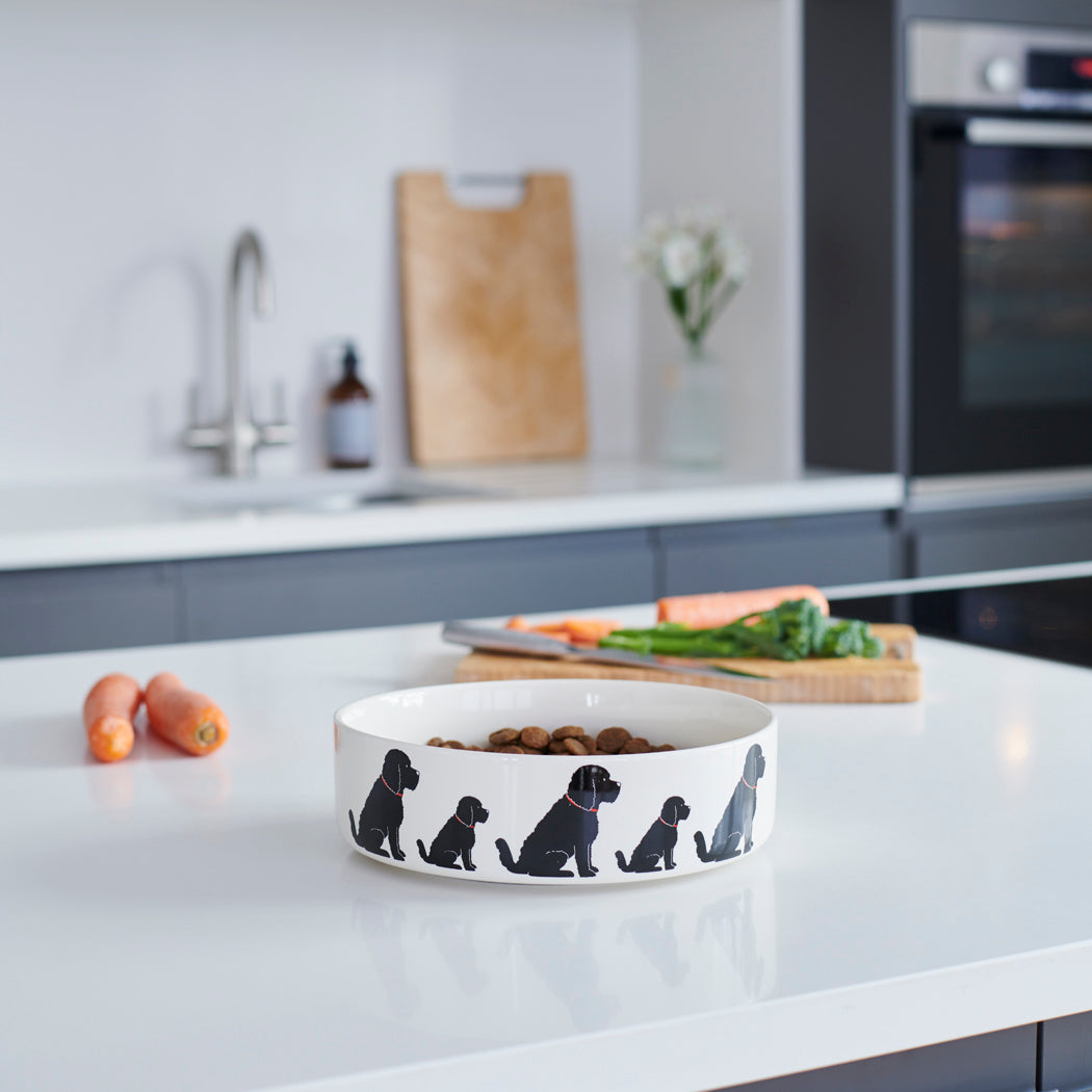 Black Cockapoo / Labradoodle ceramic dog bowl on kitchen counter — signature illustration, dishwasher safe dog lover gift by Sweet William Designs