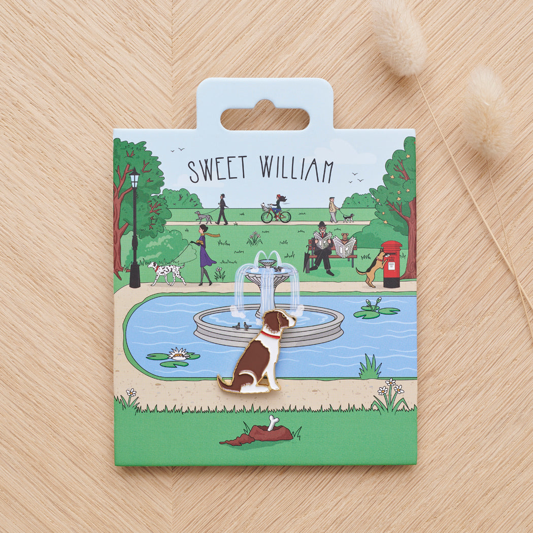 Liver & White Springer Spaniel enamel dog pin on Sweet William Designs park scene backing card — thoughtful gift for Liver & White Springer Spaniel lovers