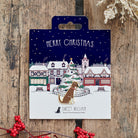 Boxer Christmas dog pin on festive village backing card — gold-plated enamel dog lover gift by Sweet William Designs