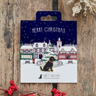 Black Cockapoo / Labradoodle Christmas dog pin on festive village backing card — gold-plated enamel dog lover gift by Sweet William Designs