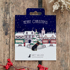 French Bulldog Christmas dog pin on festive village backing card — gold-plated enamel dog lover gift by Sweet William Designs