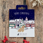 Pug Christmas dog pin on festive village backing card — gold-plated enamel dog lover gift by Sweet William Designs