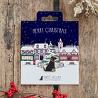 Black Labrador Christmas dog pin on festive village backing card — gold-plated enamel dog lover gift by Sweet William Designs