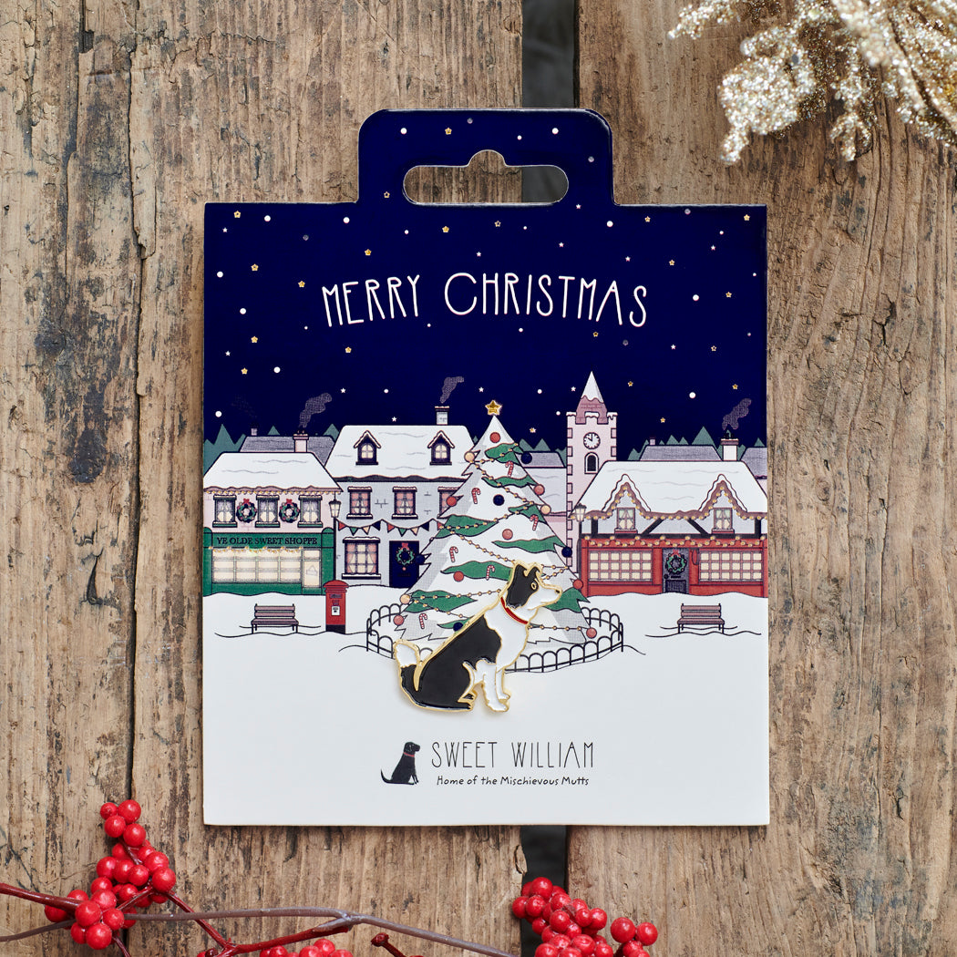 Border Collie Christmas dog pin on festive village backing card — gold-plated enamel dog lover gift by Sweet William Designs