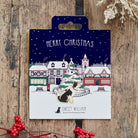 Border Collie Christmas dog pin on festive village backing card — gold-plated enamel dog lover gift by Sweet William Designs