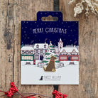Chocolate Labrador Christmas dog pin on festive village backing card — gold-plated enamel dog lover gift by Sweet William Designs