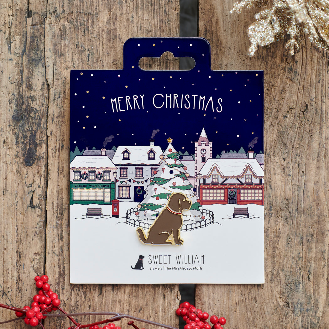 Chocolate Cockapoo / Labradoodle Christmas dog pin on festive village backing card — gold-plated enamel dog lover gift by Sweet William Designs