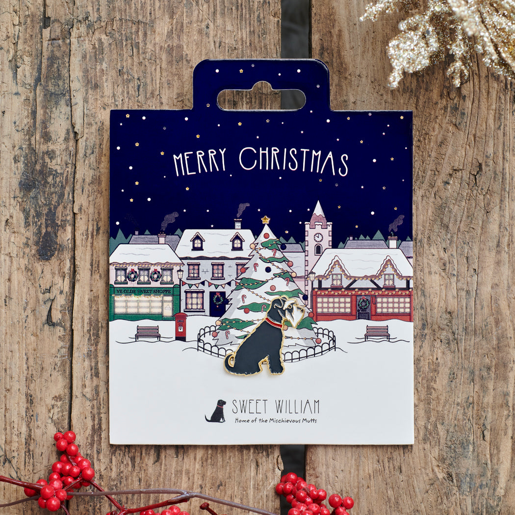 Grey Schnauzer Christmas dog pin on festive village backing card — gold-plated enamel dog lover gift by Sweet William Designs