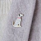 Dalmatian dog enamel pin styled on the collar of a wool jacket, designed by Sweet William Designs
