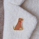 Close-up of Fox Red Labrador enamel pin attached to a wool jacket collar — gold-plated dog pin, Christmas gift for Labrador lovers