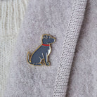 Close-up of Staffie enamel pin attached to a wool jacket collar — gold-plated dog pin, Christmas gift for Staffie lovers 