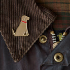 Close up of Yellow Labrador enamel pin attached to a corduroy jacket collar — gold-plated dog pin, perfect gift for dog lovers