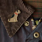 Close-up of Border Terrier enamel pin attached to a corduroy jacket collar — gold-plated dog pin by Sweet William Designs