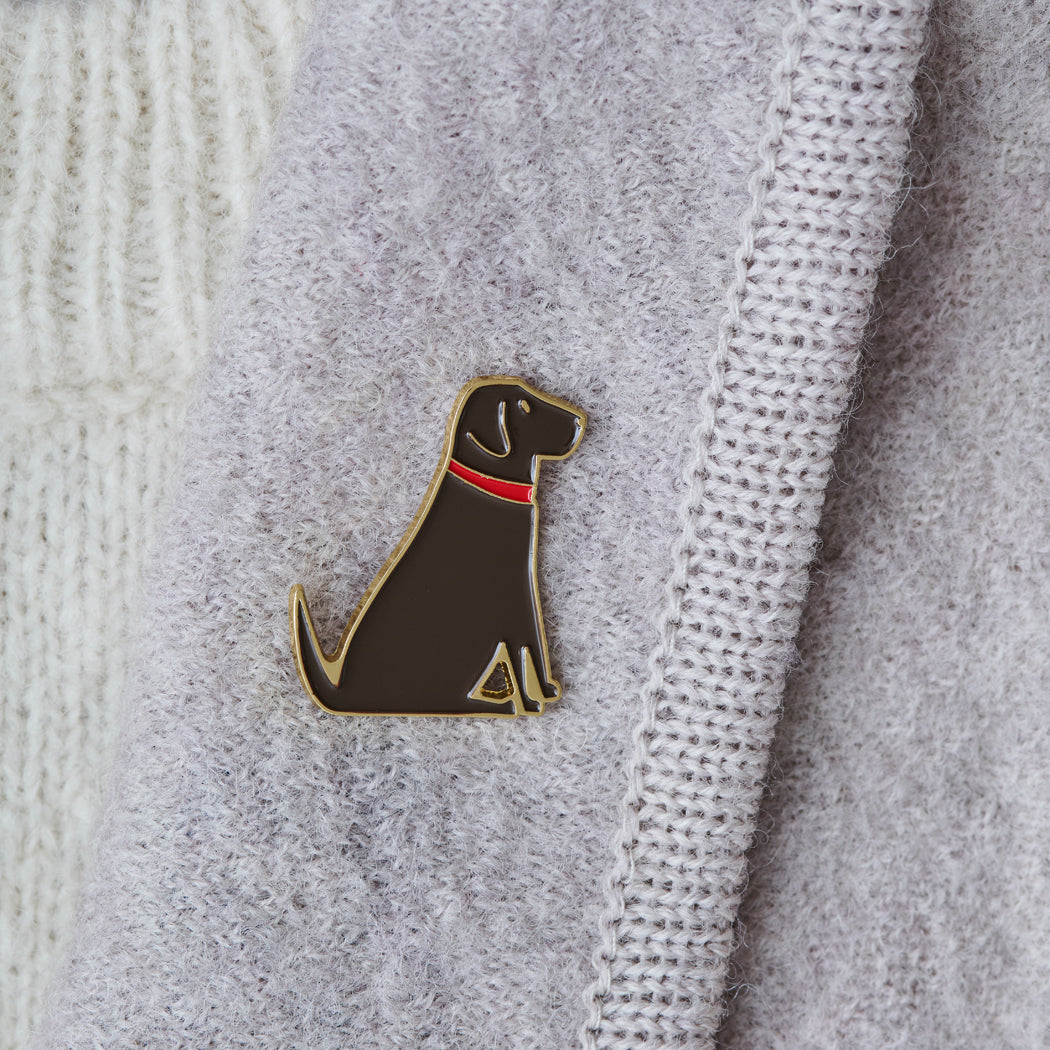 Chocolate Labrador enamel pin worn on a wool jacket collar — gold-plated dog pin, perfect gift for dog lovers