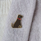 Chocolate Labrador enamel pin worn on a wool jacket collar — gold-plated dog pin, perfect gift for dog lovers