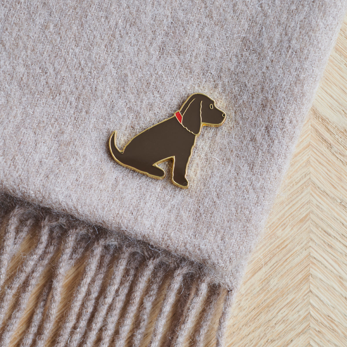 Chocolate Cocker Spaniel enamel pin styled on a wool scarf — gold-plated dog pin, perfect gift for dog lovers
