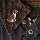Close-up of Liver & White Springer Spaniel enamel pin attached to a corduroy jacket collar — gold-plated dog pin by Sweet William Designs 