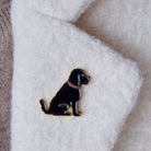 Black Cockapoo / Labradoodle enamel pin worn on a wool jacket collar — gold-plated dog pin, perfect gift for dog lovers