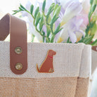 Close up of Fox Red Labrador enamel pin styled on Sweet William tote bag, perfect gift for Labrador lovers