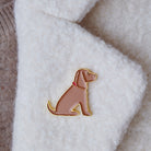 Golden Cocker Spaniel enamel pin worn on a wool jacket collar — gold-plated dog pin, perfect gift for dog lovers