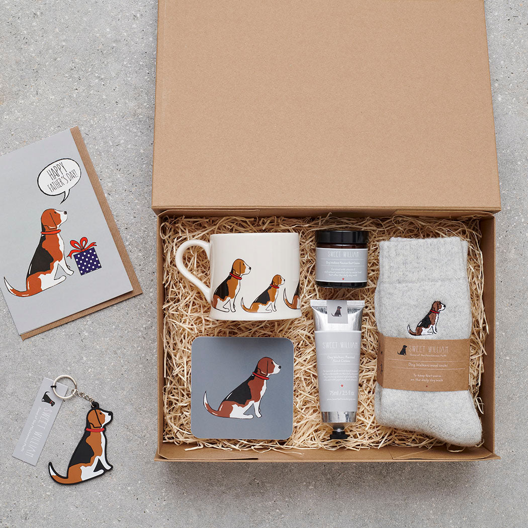 Beagle Father's Day gift hamper featuring card, mug, coaster, socks, candle and hand cream — thoughtful dog lover gift set by Sweet William Designs
