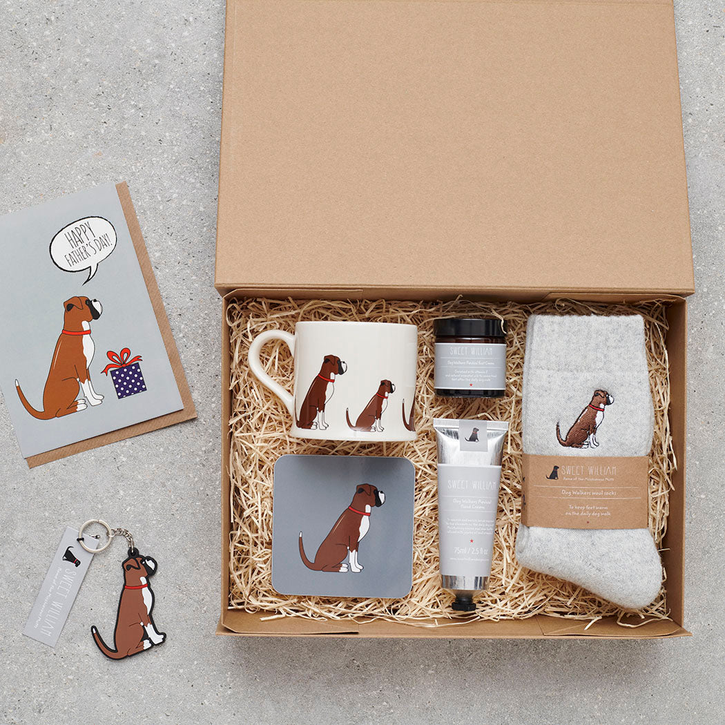 Boxer Father's Day gift hamper featuring card, mug, coaster, socks, candle and hand cream — thoughtful dog lover gift set by Sweet William Designs