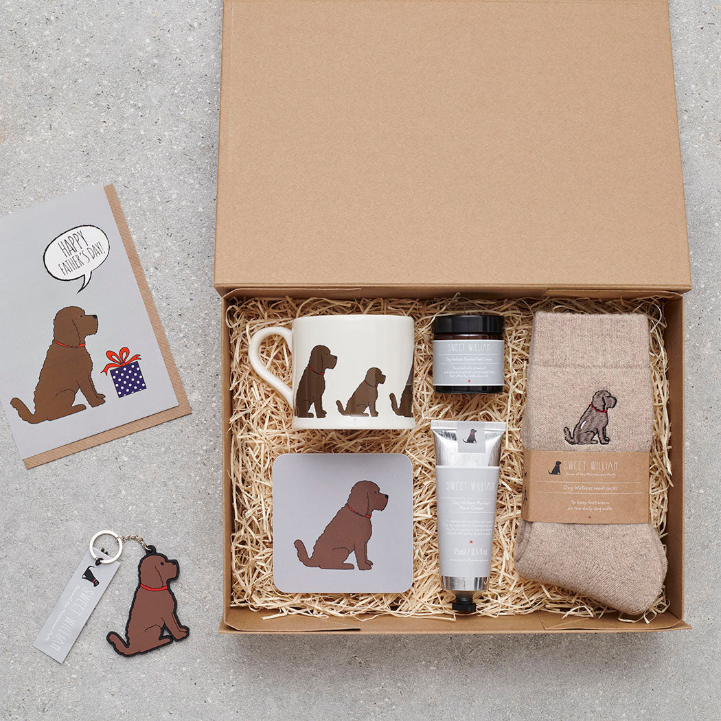 Father's Day hamper featuring Chocolate Cockapoo & Labradoodle socks — thoughtful dog lover gift set by Sweet William Designs