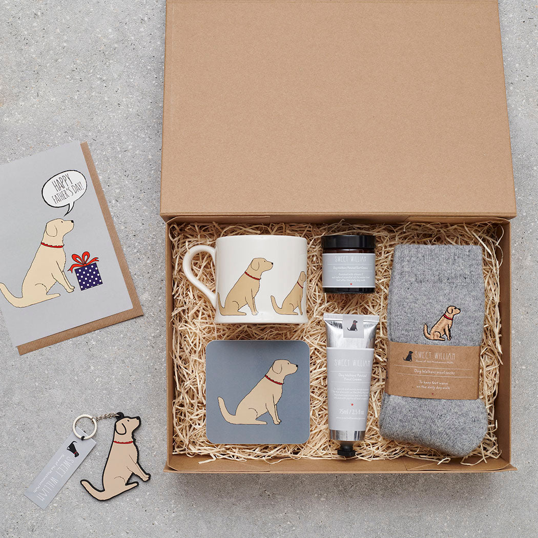 Father's Day hamper featuring Golden Retriever socks — thoughtful dog lover gift set by Sweet William Designs