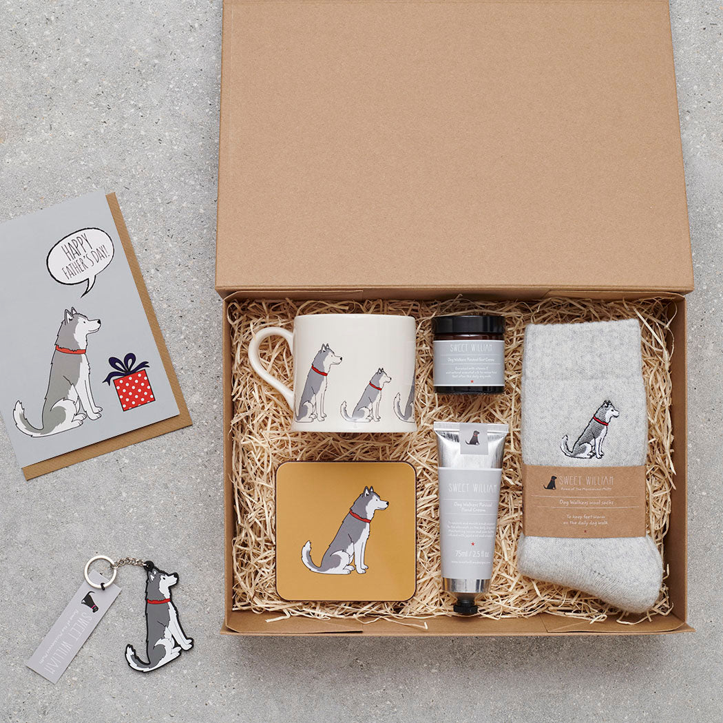 Father's Day hamper featuring Husky / Malamute socks — thoughtful dog lover gift set by Sweet William Designs