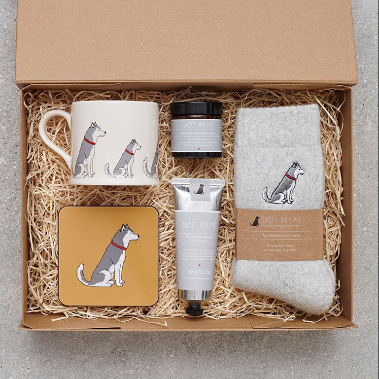 Husky / Alaskan Malamute Father's Day gift hamper featuring card, mug, coaster and keyring — thoughtful dog lover gift set by Sweet William Designs