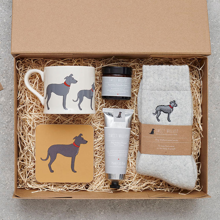 Lurcher Father's Day gift hamper featuring card, mug, coaster and keyring — thoughtful dog lover gift set by Sweet William Designs