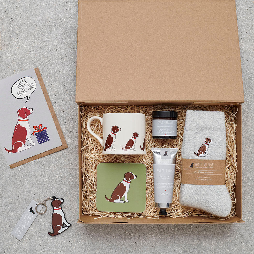 Liver & White Springer Spaniel Father's Day gift hamper featuring card, mug, coaster and keyring — thoughtful dog lover gift set by Sweet William Designs