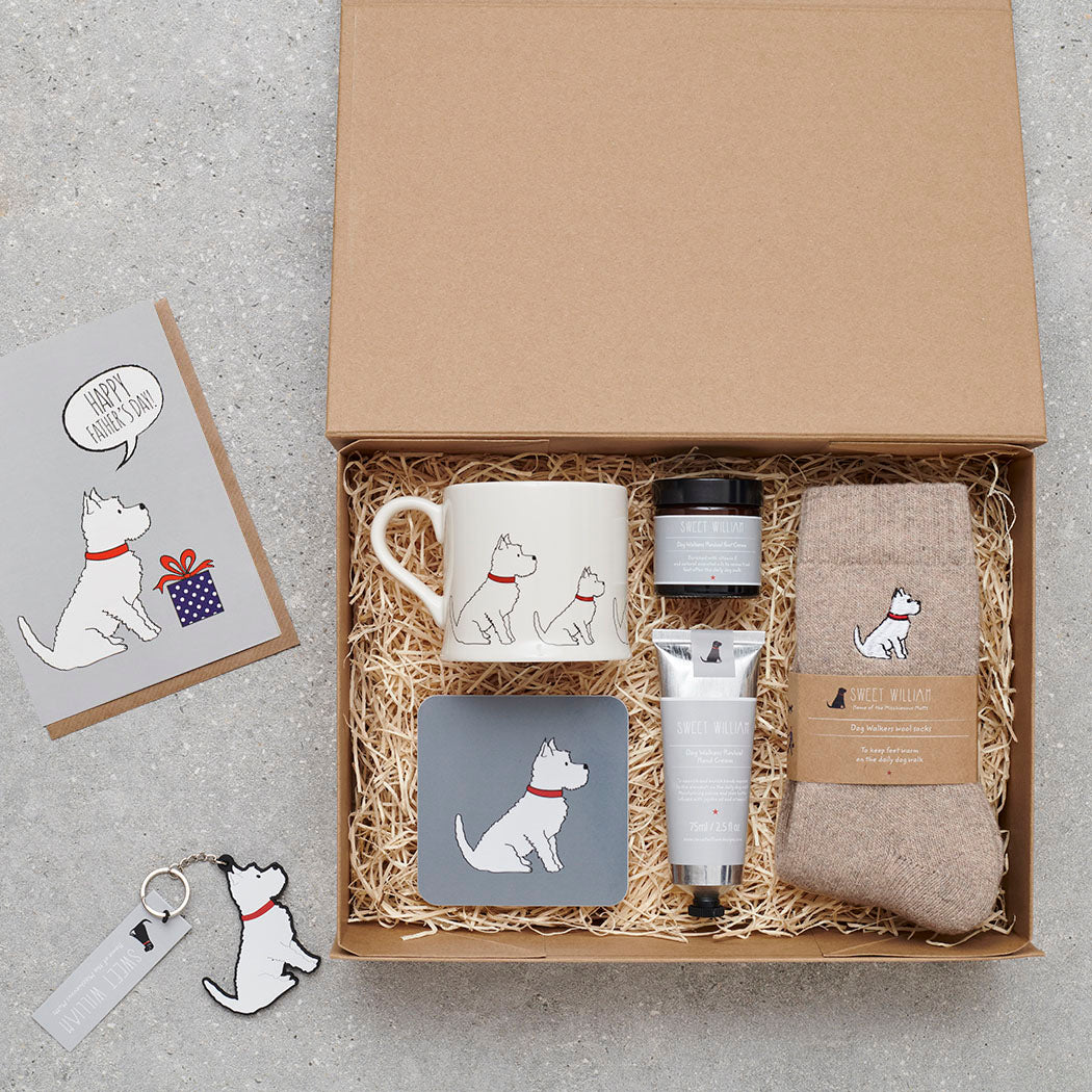 Westie Father's Day gift hamper featuring card, mug, coaster, socks and keyring — thoughtful dog lover gift set by Sweet William Designs