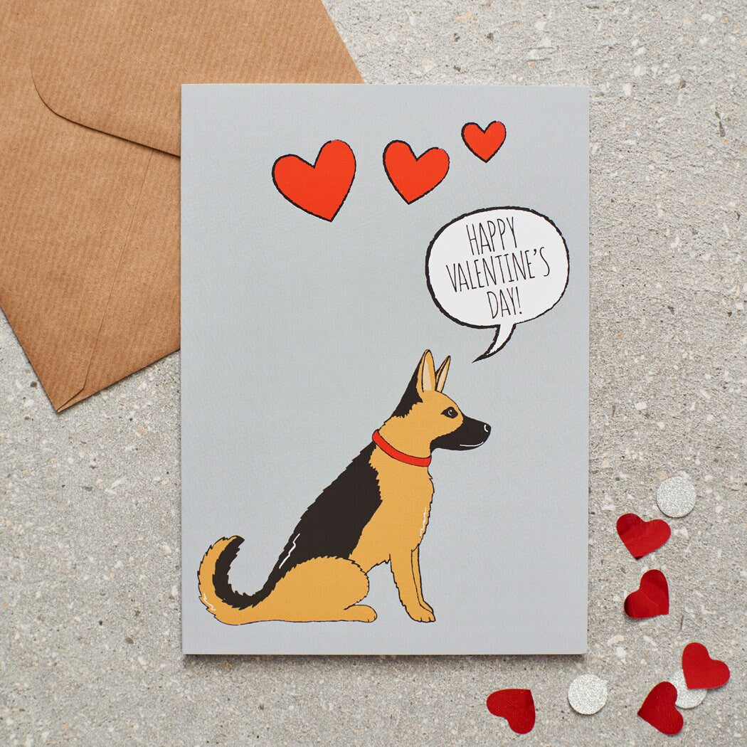 German Shepherd Valentine's Day card — illustrated dog lover greeting card by Sweet William Designs