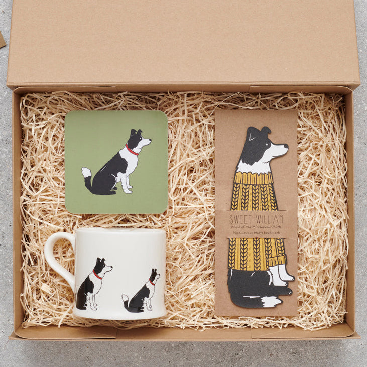 Border Collie gift hamper featuring bookmark, mug and coaster — thoughtful dog lover gift set by Sweet William Designs