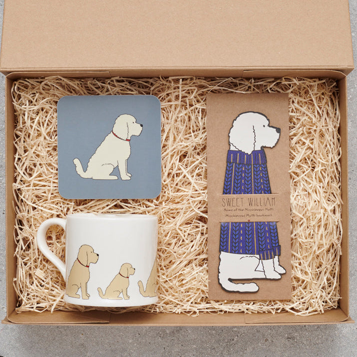 Apricot Cockapoo / Labradoodle gift hamper featuring bookmark, mug and coaster — thoughtful dog lover gift set by Sweet William Designs
