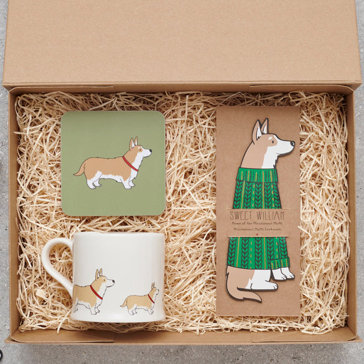 Corgi gift hamper featuring bookmark, mug, coaster, socks and keyring — thoughtful dog lover gift set by Sweet William Designs