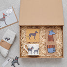 Lurcher gift hamper featuring bookmark, mug, coaster, socks and keyring — thoughtful dog lover gift set by Sweet William Designs