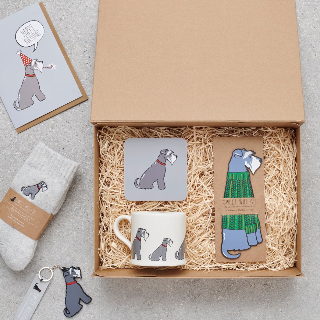 Salt & Pepper Schnauzer gift hamper featuring bookmark, mug, coaster, socks and keyring — thoughtful dog lover gift set by Sweet William Designs