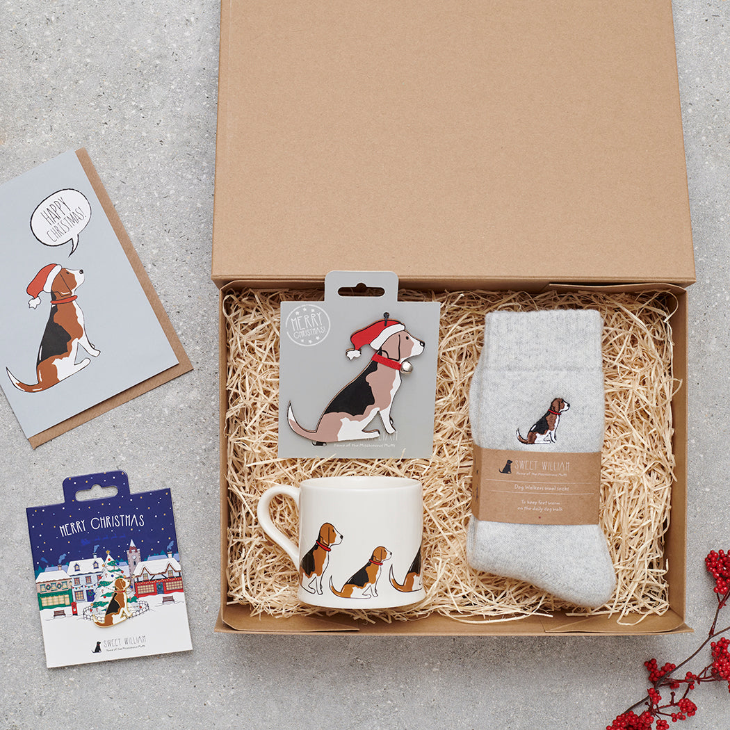 Beagle Christmas gift hamper with a matching Beagle Christmas pin, socks, mug, Christmas decoration and greeting card by Sweet William Designs