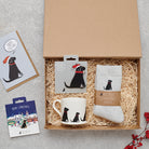 Black Labrador Christmas gift hamper with a matching Black Lab Christmas pin, socks, mug, Christmas decoration and greeting card by Sweet William Designs