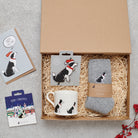 Border Collie Christmas gift hamper with a matching Border Collie Christmas pin, socks, mug, Christmas decoration and greeting card by Sweet William Designs
